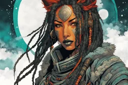 front facing portrait illustration of a grunge armored female , beaded dreadlock hair, cyberpunk vampire mercenary wearing an ancient ornate japanese kitsune mask , and shemagh, highly detailed with gritty post apocalyptic textures, caught in a cosmic maelstrom of swirling gases , finely detailed facial features and hair, in the graphic novel style of Bill Sienkiewicz, and Jean Giraud Moebius, ink wash and watercolor with realistic light and shadow