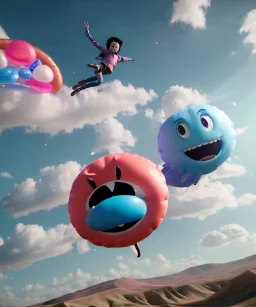 Ultra realistic speed clouds sky scene, wide angle view, child falling down with many Children background, inflatable monsters, circus dress style, feather color, free jumping flying, many trinkets, hair monster, many jelly beans, balls, color smoke, smile, happy, extreme, wind, clouds sea, 20,000 feet altitude, stratosphere, soft color, highly detailed, unreal engine 5, ray tracing, RTX, lumen lighting, ultra detail, volumetric lighting, 3d, finely drawn, high definition.