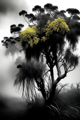 black and white photography of a big mimosa tree full of yellow flowers. fogy weather, smoke, dark, vintage, realistic photography, artistic photography, accurate details, forest behind the tree.