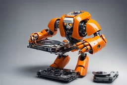 an orange robot crushing a hard drive