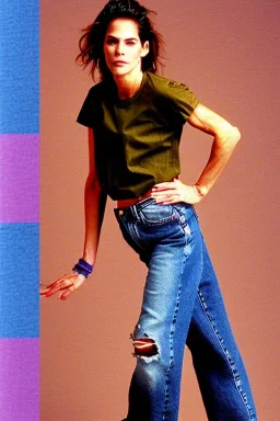 year 1996 denim fashion. Loose fit, low waist, baggy. Combat pants and t-shirt. Colors: denim blue, blue, purple, khaki, light green, lilac, plum, orange, terracotta, red, pink, dark blue, beige. Patterns: cheetah, balls, stripes. Women models. Sharon Stone, Sandra Bullock, Winona Ryder, Milla Jovovich, Big tennis shoes on. Latex in small part, areas, clothes..Combat pants. Leg warmers.