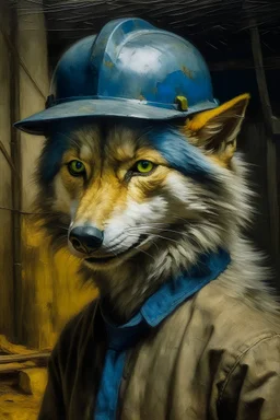 a painting by van gogh of a wolf with a hard hat