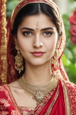 8k, UHD, best quality, indian girl. most beautiful and gorgeous 15-year-old married girl wearing a simple red saree looking in camera. Focus on intricate details such as her flawless and stunning porcelain skin, the perfection and beauty of her brown eyes with a soft arching angle, the allure of her juicy and rose downturned lips, the perfection and grace of her jawline, and her black hair styled in a low bun. Bring out the richness of each facial feature with high detailing