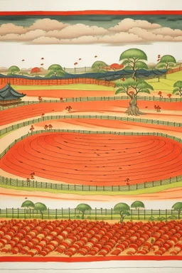 An orangish-red baseball field painted by Katsushika Hokusai