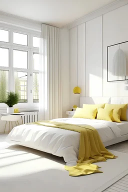 bedroom in white and a little yellow