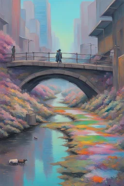 painting of a cyberpunk colourful natural walkway rubbish on the street in the city with pollution and a small bridge by a creek with electric sheep and androids by monet