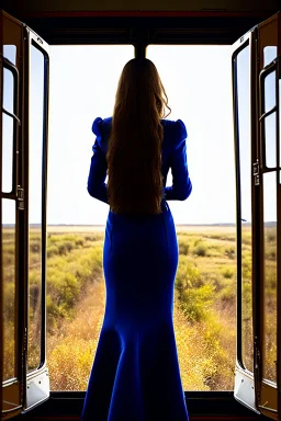 Rear view of a long haired woman carrying her guitar case over her shoulder standing at the front window of a train looking out at the tracks tracks. sharp focus, hyper-realistic, country -western, masterpiece, museum quality, pretty face, emotional, symmetrical features, Fibonacci golden ratio