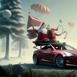 Santa claus driving his red Tesla convertible car, character design by cory loftis, fenghua zhong, ryohei hase, ismail inceoglu and ruan jia. unreal engine 5, artistic lighting, highly detailed, photorealistic, fantasy