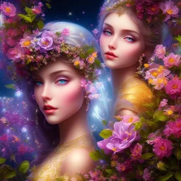 bright fairy, beautiful portrait, flowery landscape