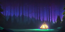 Campsite in a forest clearing at night, starry sky