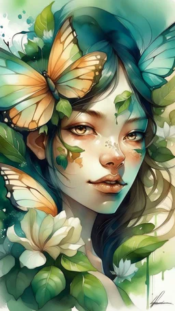 dnd, fantasy, watercolour, humongous strokes, stylistic, portrait, illustration, furry, a butterfly and jasmine flower , personable face