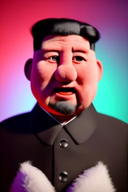 Waist up muppet Portrait, Kim Jong-un as muppet doll, black suit, photo studio, red background, unreal engine 5, concept art, art station, god lights, ray tracing, RTX, lumen lighting, ultra detail, volumetric lighting, 3d.