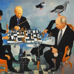 Putin, President Xi Of China And Joe Biden Play Chess With A Pigeon,Ufo,Complex Surgical Instruments Intermixed With A Newborn Boy,Minimalism,Painting By Adrian Ghenie,Rene Magritte,Pablo Picasso,Michelangelo,Salvador Dali,Lucian Freud