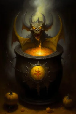 Living cauldron with yellow sigil, slightly demonic seal bat in it, prize winning oil painting