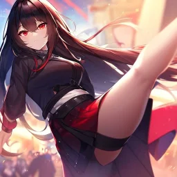 Clear focus,High resolution, black long hair, Vibrant red eyes, Emo, wearing a short skirt, kicking pose