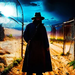 Photorealistic polaroid style nothingness and distress, wasteland night Max Ernst Hieronymus Bosch, creepy, volumetric light, movie shot, details, high contrasts, fence, nightmare, hypermaximalist