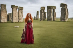 Full body shot of a tall slim red-headed young woman, dressed like a gipsy, standing in front of Stonehenge