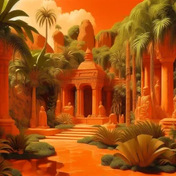 An orange colored oasis near a jungle designed in ancient Egyptian architectures and sculptures painted by Michelangelo di Lodovico Buonarroti Simoni
