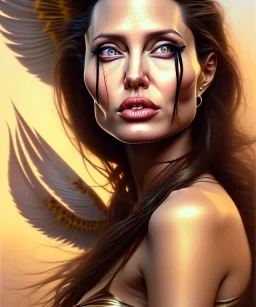 Angelina Jolie, cute, beautiful, big breast, Native American, head and shoulders portrait, 8k resolution concept art portrait by Greg Rutkowski, Artgerm, WLOP, Alphonse Mucha dynamic lighting hyperdetailed intricately detailed Splash art trending on Artstation triadic colors Unreal Engine 5 volumetric lighting, long hair, brown eyes, black hair, clean face