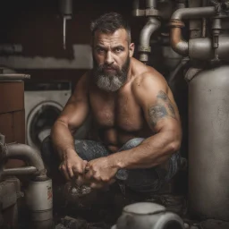 close up shot photography, ugly wet arab beefy plumber repairs boiler, burly, shirtless, hairy allover, manly chest, short beard, 38 years old, dressed in broken dirty boxer, tattoo, big thighs, seen from below, frontal view, ambient occlusion, side light