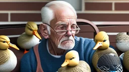 confused older man using cellphone on his porch attacked by many ducks