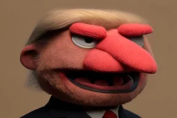 Angry muppet trump in suit, no tongue, looking forward, face, round puffball nose