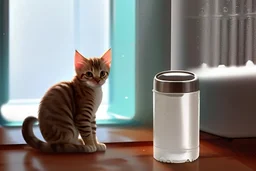 Cute tabby kitten sniffing ice water spilling from a thermos in a kitchen in the sunshine. Ice cubes and snowflakes.