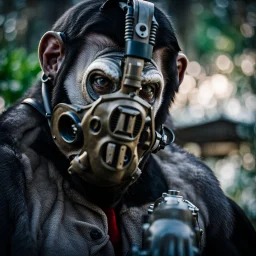 Cyborg, Ape, breathing device, gas mask, respirator Christopher Nolan, Dystopian, Extreme depth of field, bokeh blur, Alberta, all-natural, in the style of candid, imperfection, natural lighting, Fuji Film, Anamorphic lens