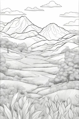 drawing with pen outline art for adults coloring book pages.nature landscape, white background, sketch style, only outlines used, cartoon style, lines, coloring book, clean lines, no background. White, Sketch style.
