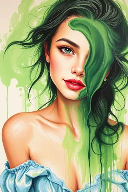 A beautiful young women painted with Liquid abstract green painting,