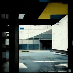 Minimal contemporary abstract oil paintings of desolate 1960s carpark with road markings and concrete fragments. Overlay with grungy typography graphics. style of Justin Mortimer and Francis Bacon.