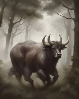 Minotaur, half man. Half bull crw majestically galloping through the dense forest in the style of Doug Hyde , fantastical landscape, soft strokes , mythology portrait, classic illustrated digital design