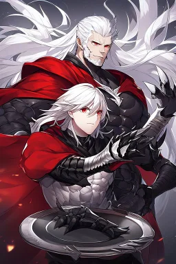 Vampire knight, muscular young man with long white hair, wearing black gothic full plate armor with red cape, cyan eyes, claws