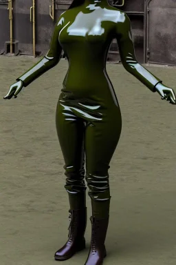 Russian military girl. Army green surfaces body, latex. Perfect body, thick thighs and calves. simple face. Wide hip, skirt bleats nicely. Asa Akira. Partly symmetrical. Straitjacket. Rusty and decayed background. Steam-plunge air-bottles. Euclidean 3D-tiling walls. 5th dimensional surface structures. Oppressive atmosphere