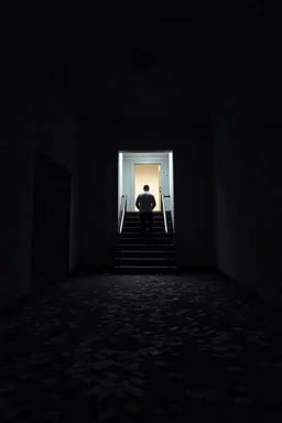 AtmosphereI want a picture of an abandoned room with dim lights, scattered paper on the floor, and at the end of the room a man climbs stairs, passes into another room with dim light