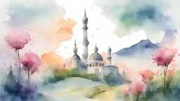 Create a soft and dreamy watercolor wallpaper depicting a tranquil landscape with a mosque nestled among rolling hills and blooming flowers, capturing the essence of Ramadan.