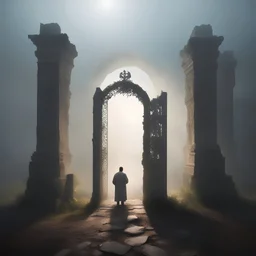 руины,врата,человек молится,туман,яркий свет