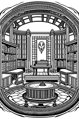 An image of a black and white line art vector illustration, depicting Slytherin Common Room. The illustration should have clean lines
