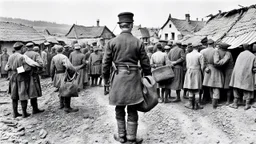 an man in a dark european, hungarian postman's uniform standing with his back to the camera with a large postman's bag on his left shoulder, he is only half visible from the european-hungarian villagers gathered around him, surrounded by men and women in vintage poor cloths. Some villagers are holding letters in their hands, sad and crying faces, a little boy staring at the postman, a crying little girl clinging to her mother's skirt, two women crying , high realistic, perfect photo