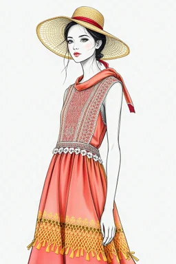 Fashion sketch model with dress rural fashion natural materials coral red and fleshy pink, moss green, ochre yellow, hat, rural fashion, countryside sustainable materials, cotton, linen, lace fabrics, macramé, embroidery, light knitwear, applied workmanship, 3D printing, accessories jacquard ribbons and cotton, fringed borders