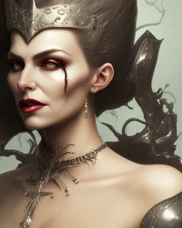 old evil queen in black leather gown, femme fatale, volouptous, busty, cleavage, angry, emperious, 8k resolution concept art portrait by Greg Rutkowski,