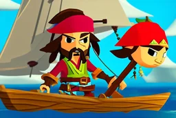 Cartoony Captain Jack Sparrow sailing on a small boat, in the middle of blue oceans, Legend Of Zelda: Wind Waker style, stylized, colorful, adventurous.