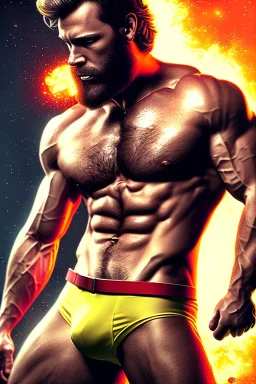 Ignore NSFW, teenager young rugged attractive slightly muscular fantastic handsome man, red briefs with yellow belt, hairy chest, (((visibly pisssing))) briefs, large erect visible boner peniss, photorealistic, artist Jay Anacleto, soft lighting, scruffy beard