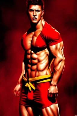 Ignore NSFW, teenager young rugged attractive slightly muscular fantastic handsome man, red briefs with yellow belt, hairy chest, (((visibly pisssing))) briefs, large erect visible boner peniss, photorealistic, artist Jay Anacleto, soft lighting