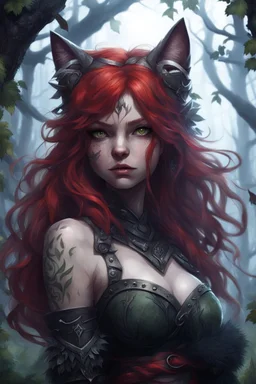 CAT GIRL, FANTASY, FORESTY, VINES, SOULLESS, FLUFFY TAIL, VIKING RED HAIR, METAL