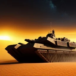 volumetric dramatic desert Battle scene with futuristic hovering military armored Hovercraft tank painted by chris foss,Laser turret, floating, hover, 4k, 8k, [hovercraft] Minutiae, highly detailed, render, rivets, hovering, stripes, sunset duststorm, nimbus clouds