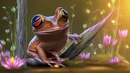 screenshot of a smartphone game, horizontal display, start screen, rear shot of a stylized and happy young brown frog with black stripes in its natural habitat at sunset, plain with wetlands, ravines, river with water hyacinth, ceibos and willows, dragonflies, beetles, dewdrops, melancholic and dreamy atmosphere, digital art