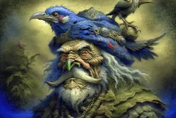 a painting of an old man with a bird on his head, a character portrait by Wendy Froud, cgsociety, fantasy art, storybook illustration, grotesque, detailed painting