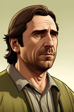 Please generate a GTA5 style portrait image modeled after Christian Bale that highlights the GTA5 background style.