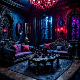 Detailed creepy living-room made of modeling clay, very accentuated details, Tim Burton, strong texture, extreme detail, Max Ernst, decal, rich moody colors, sparkles, bokeh, odd